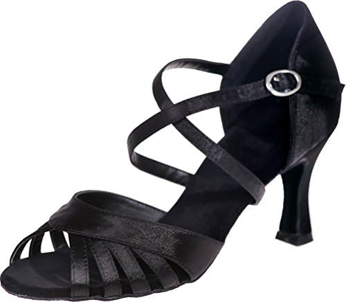CFP Ladies Salsa Comfort Beginner Practice Latin Dance Shoes Tango Cha-Cha Swing Ballroom Party Wedding Practice Sudue Sole 3IN Body Straps Peep Toe Satin Black UK Size4.5