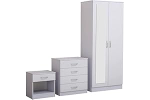 PALAKLOT High Gloss Bedroom Furniture Set – 3-Piece Set with Wardrobe, 4-Drawer Chest, and Bedside Cabinet – Stylish Storage Solution for Modern Bedrooms – Soft Close Doors (White)