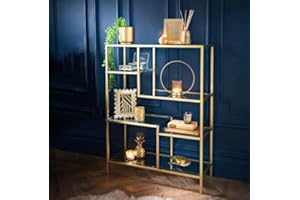 BLOOMINGTONS DIRECT Gold Metal Floor Shelving Unit with Multi-Glass Shelves Floor Standing Display Decoration Shelf
