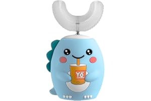 EHOTER Cepillos de dientes eléctricos para niños, diseño de dinosaurio, en forma de U, cepillo de dientes ultrasónico, recargable, impermeable, para bebés de 2 a 12 años (azul)