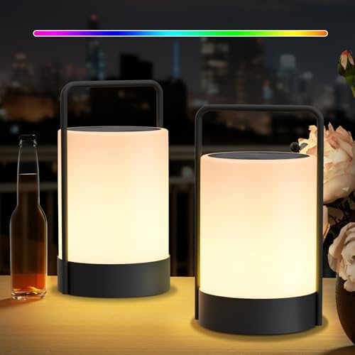 RWWR Set di 2 lampade da tavolo a LED a energia solare per esterni, 2 in 1, ricarica senza fili, ricaricabile, 8 colori, IP44, per campeggio, giardino, balcone, terrazza