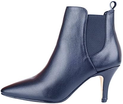 queenfoot Women's High Heel Almond Toe Elastic Comfortable Genuine Leather Ankle Boots Shoes Navy Leather 7 UK
