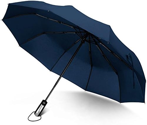 Travel Windproof Umbrella Unbreakable Automatic Compact Umbrellas for Men/Women One Handed Operation, Junefish 10 Ribs Reinforced Windproof Umbrella, Stainless Steel &amp; Fiberglass Construction (Navy blue)