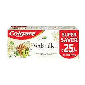 Colgate Swarna Vedshakti Ayurvedic Toothpaste, Anti-Bacterial Paste for Whole Mouth Health, With Neem, Clove, and Honey, 500g, (200g X 2 and 100g X 1)