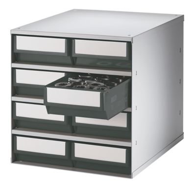 Schubladenmagazin, Gehäuse-Traglast 75 kg - HxBxT 395 x 380 x 400 mm, 8 Schubladen - Schubladen rot - Klarsichtmagazin Kleinteilemagazin Lagersystem Magazin Schubladenmagazin Schubladensystem