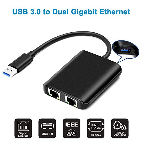 YANX Adaptateur Ethernet Gigabit USB 3.0 vers double port, USB 3 Adaptateur réseau LAN Gigabit Adaptateur réseau 10/100/1000 Mbps avec deux ports LAN RJ45 Prend en charge Windows et MacOS