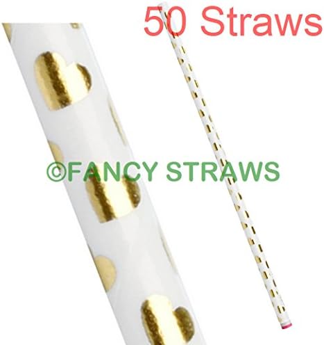 50 Pack - White with Shiny Gold Hearts - Paper Drinking Straws - Great for Parties - Free Delivery