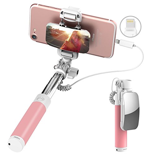 ROCK Mini iPhone 7 Selfie Stick with iPhone Lightning Wire Control & Mirror[5.5in to 24in]for iPhone 7/7 Plus and Other iPhone with Lightning Connector (Pink)