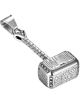 Flongo Edelstahl Anhänger Halskette Kette Silber Wikinger Thors Hammer Motorradfahrer Biker Rock Rocker Herren...