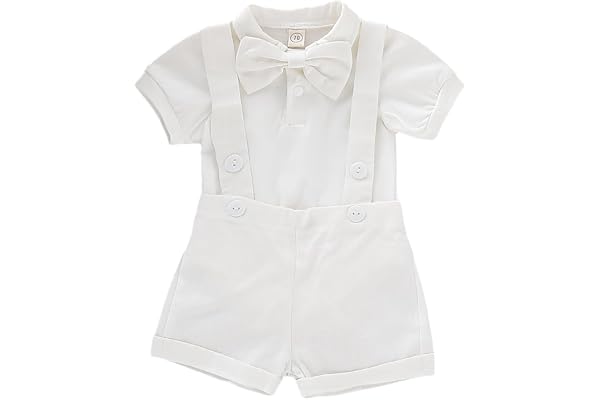 Costumes de Gentleman pour bébés garçons, Barboteuse à Manches Courtes avec nœud Papillon pour Enfants + Short à Bretelles