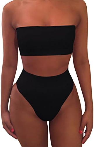Sheler Women's 2 Piece Solid Bandeau Swimsuit Top Bottom Bikini Sets (Black, XL)