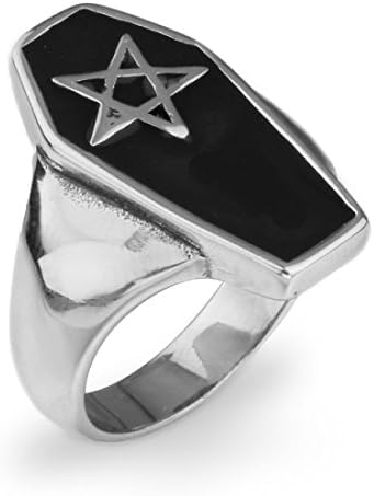 Mens Black Coffin Pentagram and Skeleton Satanic Box Locket Stainless Steel Ring