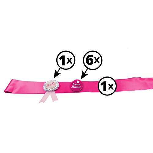 JGA Gruppenset Button pink Frau Wundervoll – Team Braut -Inhalt für 1 Braut und 6 Freundinnen- Junggesellinnenabschied / Hen Party / Anstecker / Brautschärpe - 2