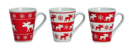 WOMA Kaffeetassen Set aus Porzellan in Mehreren Ausführungen - 3 Tassen - mit schönem Rentier Weihnachtsmotiv, konisch, 250ml, rot