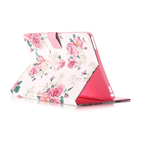 Etsue für Apple iPad Pro 9.7 Zoll [Rot Rose Blume] Ledertasche Case Hülle,Bunte Retro Painted Leder Schutzhülle Smart Case Ultra Slim Flip Folio Etui Tasche Leder Case mit Standfunktion Kartenfächer Magnetverschluss im Bookstyle für Apple iPad Pro 9.7 Zoll + 1x Glitzer Staub Stecker + 1x Blau Eingabestift - 4
