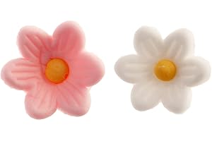 Dekora - Caja de Flores de Azucar con 7 Margaritas Blancas y 7 Margaritas Rosas - Figuras Comestibles para Tartas - Decoracion Tarta Cumpleaños de Azúcar