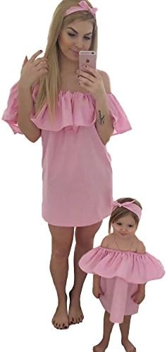 Tomsent Casual Mother Daughter Chiffon Lotus Leaf Strapless Mom Kids Matching Outfits Beach Party Mini Dress Family Look Clothes Pink UK 6 (Mom)