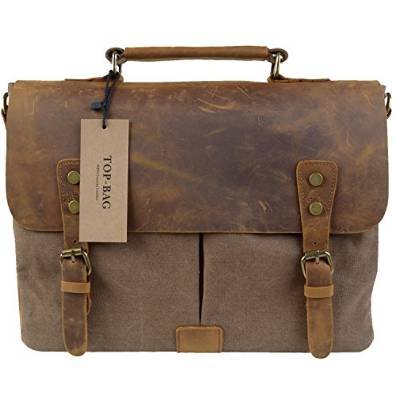 Sanlise Retro Designer mens canvas leather satchel messenger shoulder tote bag briefcase (Coffee)