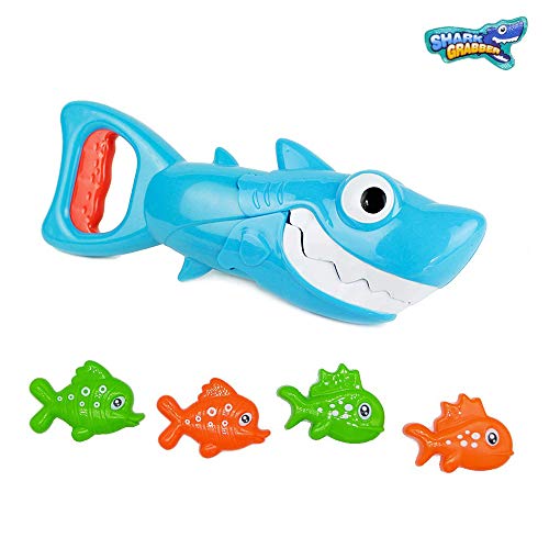 INvench Jouets de Bain pour bébé Shark Grabber - Requin Bleu avec Action de Morsure de Dents Comprend 4 Jouets de Bain de Poisson Jouet pour garçons Filles Tout-Petits