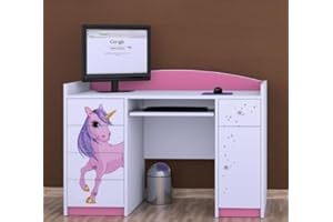 ‎HAPPY BABIES Happy Babies Schreibtisch für Kinderzimmer 125x89x60 weiß Rosa Büro PC-Schreibtisch mit Tastaturablage Computertisch mit Schubladen Muster Einhorn