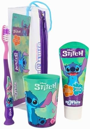 Disney Stitch - Set di spazzolini da denti per bambini, con setole morbide, ventosa e tappo protettivo, dentifricio alla menta e bicchiere multiuso, kit per l'igiene orale da viaggio per bambini dai 3
