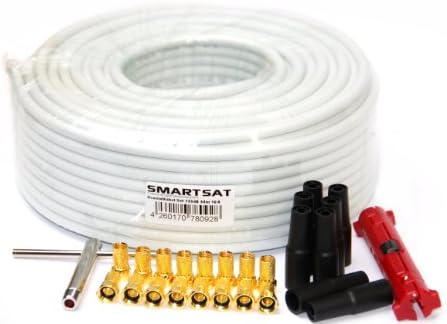 Smartsat 50 M 135 dB Coaxial Cable Sat Cable including 8.2 MM Cable Stripper F-Aufdrehwerkzeug 16 F-Steckern Plated and 8 protective sleeves for HDTV and 3D Coaxial Cable for DVB-S / DVB-C / T/Sat Connector Kit, 5–Way Shielded