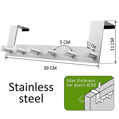Türhaken, Ubegood Türgarderobe Türhaken Kleider haken Kleiderhaken Badezimmerhaken Edelstahl Garderobenhaken Wandhaken 6 Haken Für Badezimmer, Schlafzimmer(Max 4 cm Dicke) - 7