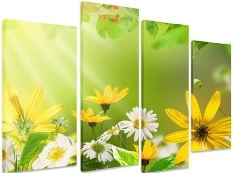 Art_Depot_Outlet PICTURE - Multi Split Panel Canvas Artwork Art - Bunch Of Flowers Yellow/ White Green Leaves 4 Panel - 101cm x 71cm (40"x28")
