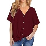 UYSDF Solides kurzärmeliges Damen T-Shirt mit V-Ausschnitt und Knopfleiste lose Krawattenhemd 2019