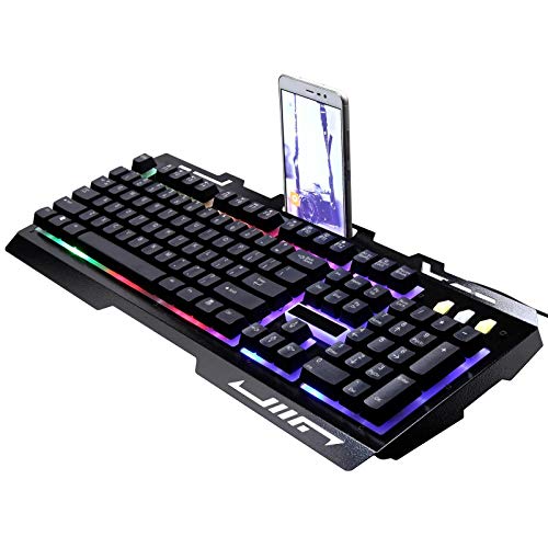 Preisvergleich Produktbild LouisaYork Gaming-Tastatur, mit LED-Beleuchtung, mechanisch, kabelgebunden, USB-Computertastatur mit Handy-Halterung, Anti-Ghosting für Computer PC Mac Gamer schwarz Schwarz 18.5 x 7.08 inch