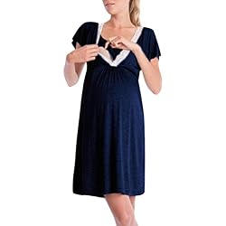 QinMM Vestido de Lactancia Maternidad de Noche Camisón Mujeres Embarazadas Ropa de Dormir Premamá Pijama Verano Encaje (Azul Marino, S)