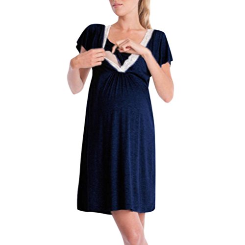 QinMM Vestido de Lactancia Maternidad de Noche Camisón Mujeres Embarazadas Ropa de Dormir Premamá Pijama Verano Encaje (Azul Marino, S)