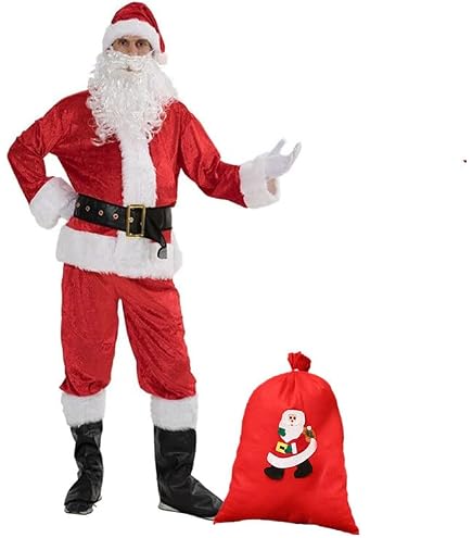 Costume Complet Père Noël 8 Pièces – Taille L à 4XL – Rouge Avec Fourrure, Barbe, Bonnet, Cape – Pour Noël, Fêtes, Cosplay