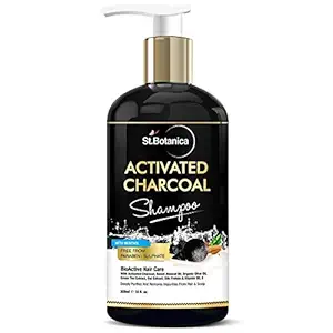 StBotanica Activated Charcoal Hair Shampoo, No SLS/Sulphate, Paraben or Silicon - Refreshing Menthol, Organic Olive & Almond Oil, Vitamin B5, E, Oats & Silk Protein, 300 ml