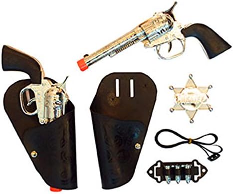 Carnival Fete Cowboy Holster Set Two Cartridges 2 Revolver Gun Sheriff Star Necklace, Multi-Colour