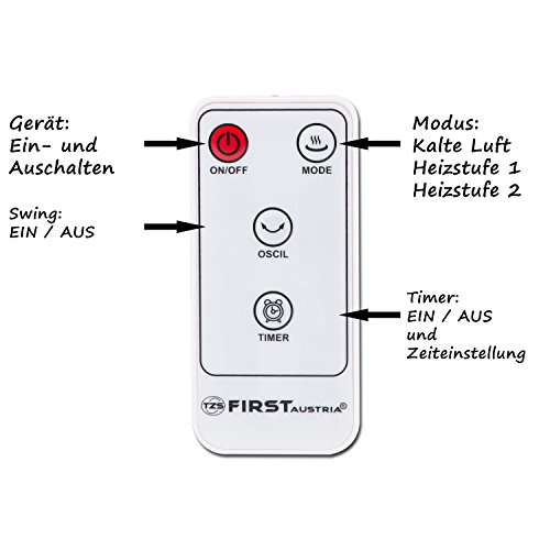 TZS First Austria – 2000 Watt Keramik Wand-Heizlüfter mit Fernbedienung | 2 Heizstufen | Kaltluft-Funktion | Timer bis 7,5 Stunden | Swing-Funktion | Sicherheitsthermostat | inklusive Wandmontage-Set - 4