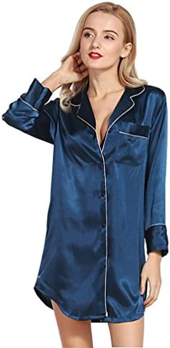 Pakamo Ladies Pajamas Shirt-type Female Nightshirt Long Sleeve Button-Front Chemise Silk Nightwear Summer Sleepwear, 003, M