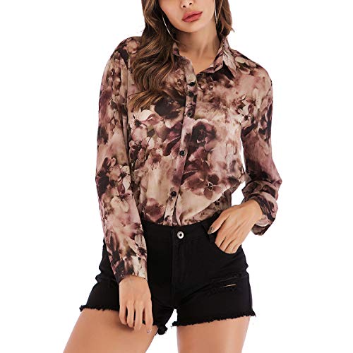 Preisvergleich Produktbild FENICAL Damenmode Print Chiffonhemd einreihig Bluse Revers langärmeliges Top für Sommer Frühling (Lavendel, Größe XL)