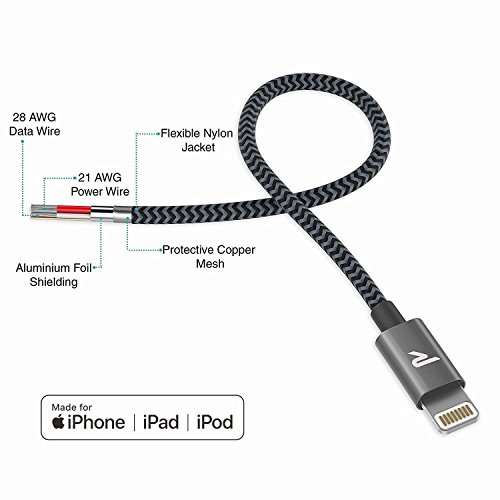 Rampow RAMPOW06  MFI certifi   Apple  C  ble Lightning vers USB en Fibre de Nylon Tress   - Chargeur iPhone - Gris Sid  ral 20 cm 0 65ft
