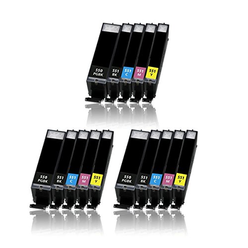 15 Druckerpatronen für CANON PIXMA IP7200 IP7250 IX6800 IX6850 MG5400 MG5450 MG5500 MG5550 MG5600 MG5650 MG5655 MG6300 MG6350 MG6400 MG6450 MG6600 MG6650 MX720 MX725 MX920 MX925 etc. mit Chip, kompatibel zu CANON PGI550 CLI551