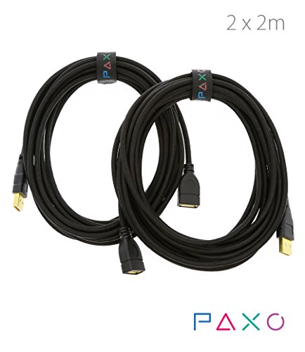 2 x 2m Nylon USB Verlängerung schwarz, A-A / USB Verlängerungskabel, Goldstecker, geflochtenes Kabel (braided), mit Kabelklett - 5