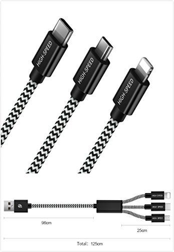 Cavo di ricarica 3 in 1 -Senisttech 1.2M Cavo in intrecciato in nylon ad alta velocitÃ  Micro USB / Lightning / Tipo C per iPhone, iPad, Huawei, HTC, LG, Samsung Galaxy, Sony Xperia e smartphone Android (nero)