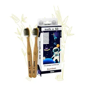 teeth-a-bit The Pledge Toothbrush Kids (5-8 Years) Slim Handle with Gum Sensitive Soft Bristles Pack of 2 Kids Bamboo Toothbrushes (Space Black)