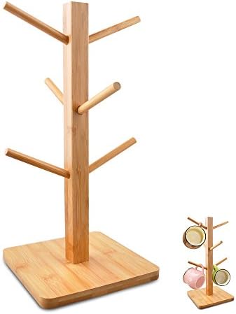 Mug Rack Tree, Edobil Removable Bamboo Mug Stand, Storage Coffee Tea Cup Organizer Hanger Holder with 6 Hooks (Natural Bamboo)