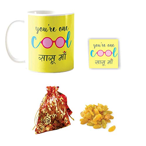 YaYa Cafe™ Birthday Gifts for Mother in Law Cool Sasu Maa Mug, Coaster with 150 GMS Raisins (Kishmish) Dry Fruits Gifts Combo