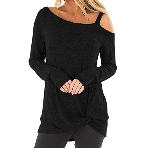 Femmes Mode Chic sans Bretelles Tunic en Vrac Grande Taille Manche Longue O-Cou Pullover Décontractée Solide Sweatshirt Ensemble Asymétrique T-Shirt Hauts Chemisier(L,Noir-1)