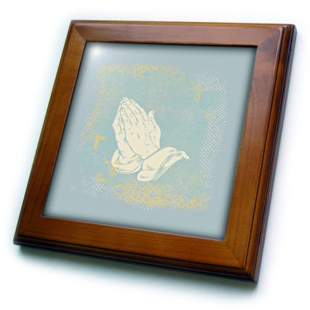 3dRose ft_180930_1 Praying Hands with Crosses, Blue, Cream and Sepia-Framed Tile Artwork, 8 by 8-Inch