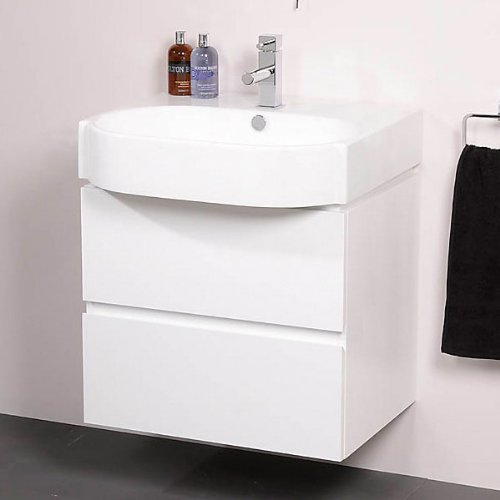 600 Vanity Unit with Basin for Bathroom Ensuite - Luxury Wall Hung Soft Closing White Gloss Design - Inset Polyglomerate Stone Hand Wash Sink - 2 Deep Fill Drawers Wall Mounted Storage (Dimensions ** Furniture Cabinet - Height: 540mm, Width: 600mm, Projection: 450mm ** Draw