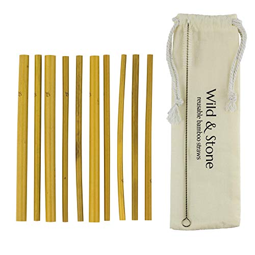 Pailles de bambou réutilisables naturelles Premium W & S Boissons écologiques biodégradables avec sac de rangement pour linge et emballage recyclé | Paquet de 10 par Wild et Stone