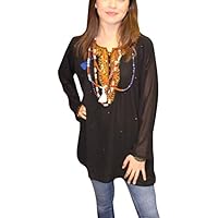 Womens Black Blouse Tunic Top Floral Embroidered Boho Chic Georgette Kurti L